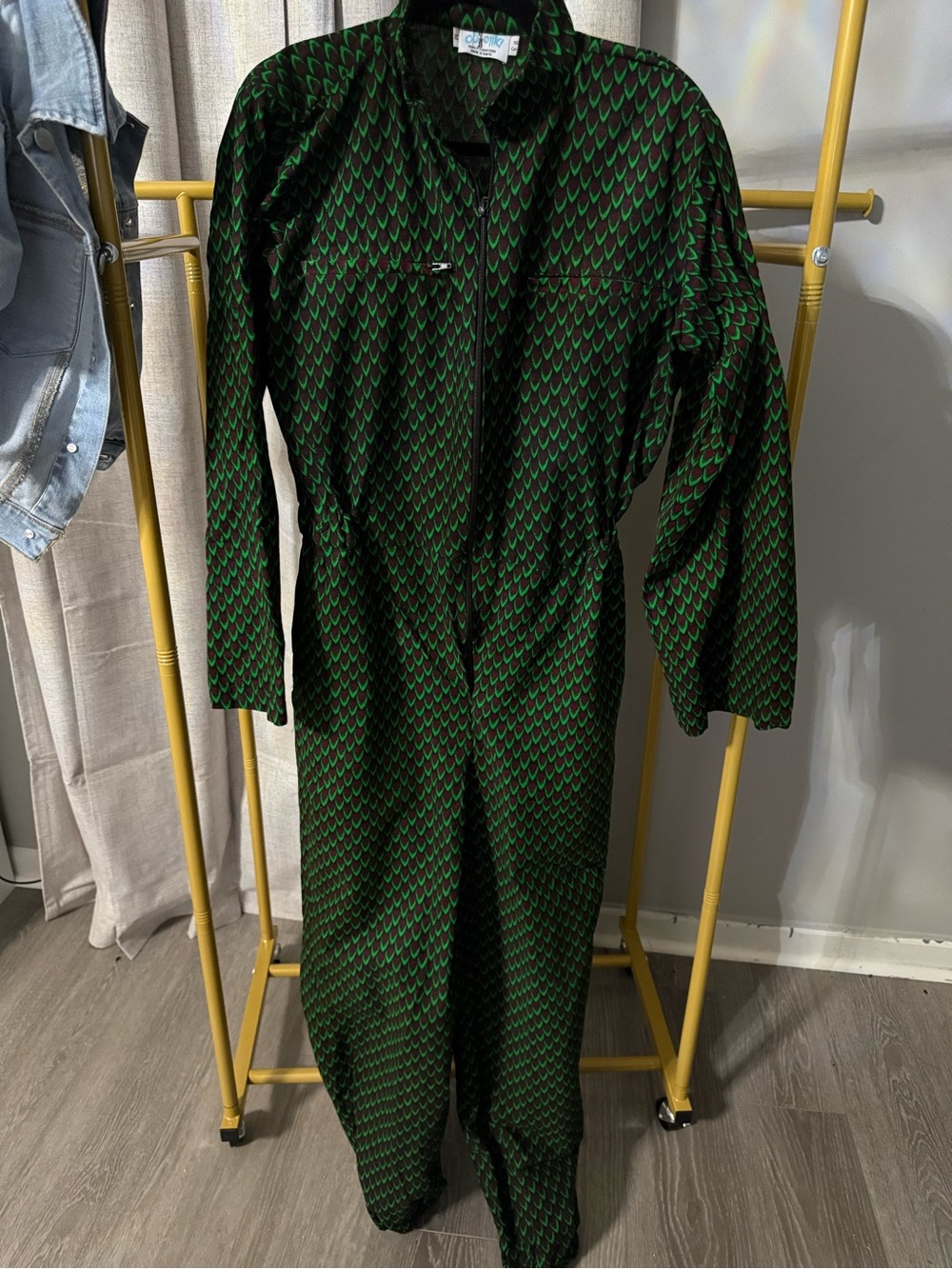 Green & Black Patterned Long Sleeve Jumpsuit